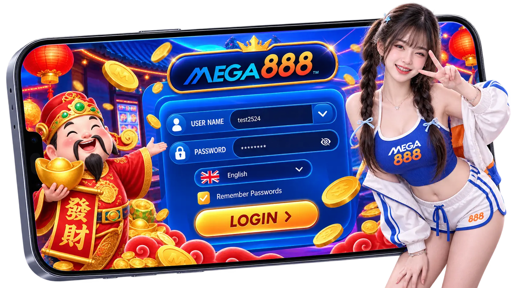 Skrin log masuk Mega888